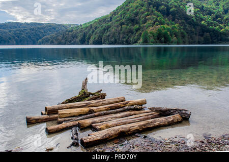 Pile of wood on lake bank, Plitvice Lakes National Park, Croatia Stock Photo