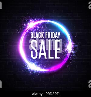 Black friday sales in neon circle background. Geometric shape glowing tag. Modern round shopping sign on dark blue purple brick background. Black friday design. Bright electric vector illustration. Stock Vector