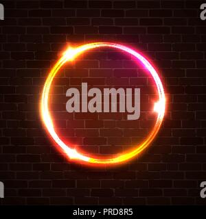 Technology glowing round light background. Neon circle on dark brick wall. Graphic concept for casino night club cafe night bar design. Pink red yellow luxury ring. Bright vector illustration. Stock Vector