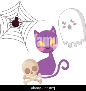 halloween cute cat with cross and ghost vector illustration design Stock Vector