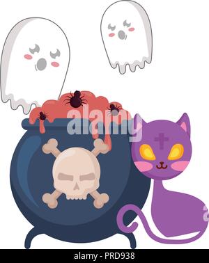 halloween ghosts with cauldron and cat vector illustration design Stock Vector