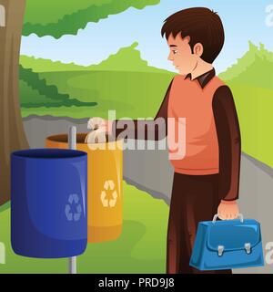 A vector illustration of Young Man Throwing Trash Into Garbage Can Stock Vector