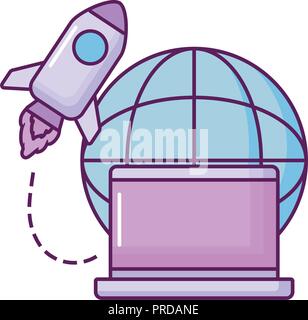 laptop with planet and rocket vector illustration design Stock Vector