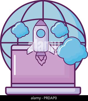 laptop with planet and rocket vector illustration design Stock Vector