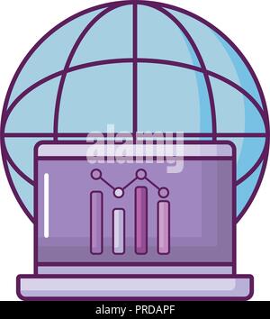 laptop with planet and statistics bars vector illustration design Stock Vector