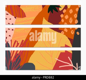 Abstract autumn banner design. Three banners with abstract shapes and autumn leaves in orange, yellow, pink, red and brown. Stock Vector
