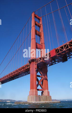 The 746-foot south tower of the Golden Gate Bridge photographed from the Pacific Ocean. San Francisco, California, USA. Stock Photo