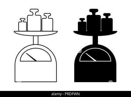 Black and white illustration of mechanical scales with weights Stock Vector