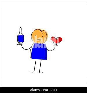 Cheerful hand-drawn man holding a bottle in one hand, in the second hand the heart Stock Vector