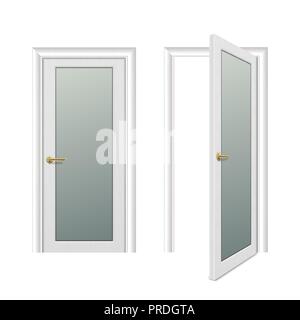 Vector realistic different opened and closed white wooden door icon set closeup isolated on white background. Elements of architecture. Design template for graphics, Front view Stock Vector