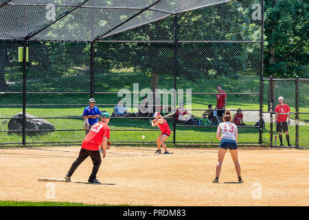 New York City, USA - June 7, 2017: Unidentified people plays amateur baseball in Central Park. Stock Photo