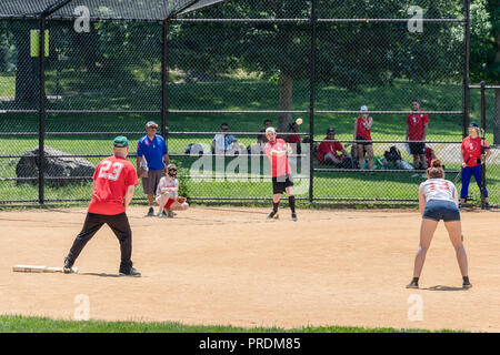 New York City, USA - June 7, 2017: Unidentified people plays amateur baseball in Central Park. Stock Photo