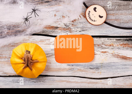 Halloween holiday background with decorations. Stock Photo