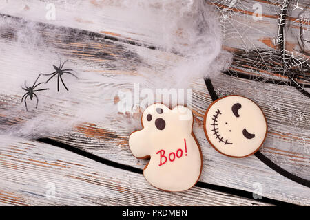 Halloween holiday decorations on wooden background. Stock Photo