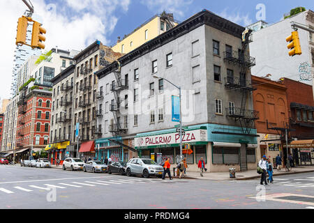 New York City, USA - June 7, 2017: View of old buildings in Tribeca neighborhood in Lower Manhattan, West Street, Broadway, New York City Stock Photo