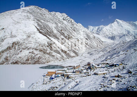 Gokyo village with Gokyo Ri and Cho Oyu rising above Stock Photo