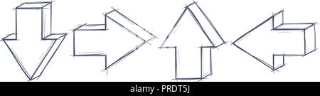 Arrows. Small straight outline signs. Grunge pencil hatching technique Stock Vector