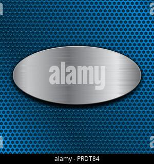 Brushed metal oval plate on blue perforated background Stock Vector