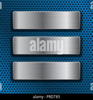 Steel plates on blue metal perforated background Stock Vector