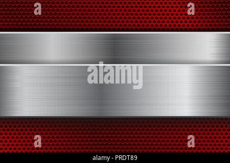 Red metal background with perforation and brushed steel plate Stock ...