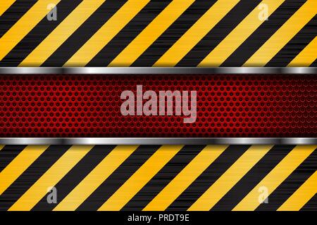 Under construction background. Black yellow stripes on red metal perforated texture Stock Vector