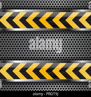 Under construction background. Black yellow stripes on metal perforated texture Stock Vector