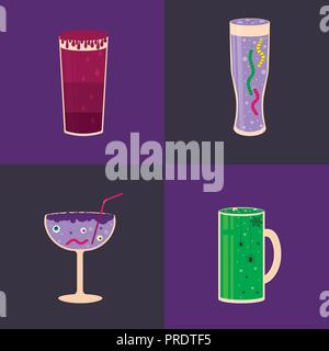 Set of Halloween cocktail icons, spooky drinks with eyeballs, spider, worms, bubbles and other creepy symbols. Elements, objects for holiday card, hol Stock Vector
