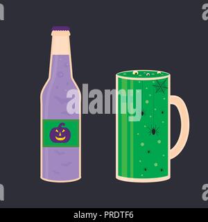 Set of Halloween cocktail icons, spooky drinks with eyeballs, spider, worms, bubbles and other creepy symbols. Elements, objects for holiday card, hol Stock Vector