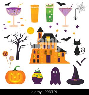 Set of cute vector Halloween icons of pumpkin, castle, cat, ghost, candy, bat, hat, cocktails. Elements, objects for holiday card, holliday invitation Stock Vector