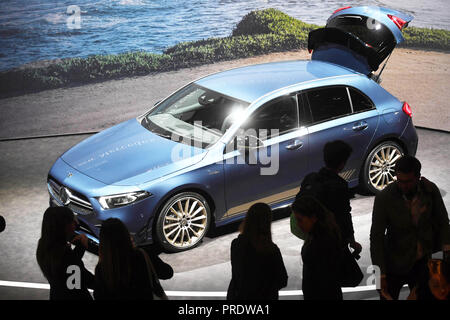 Paris, France, October 2018 blue Mercedes-AMG A 35 4MATIC+ at Mondial Paris  Motor Show, 4th gen A-class W177 produced by Mercedes Benz Stock Photo -  Alamy