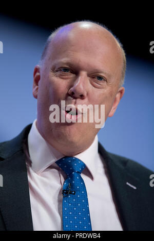 Birmingham, UK. 1st October 2018. Chris Grayling, Secretary of State for Transport and Conservative MP for Epsom and Ewell, speaks at the Conservative Party Conference in Birmingham. © Russell Hart/Alamy Live News. Stock Photo