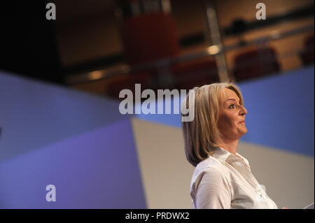 Birmingham, England. 1st October, 2018.  Elizabeth Truss MP, Chief Secretary to the Treasury, delivers her speech to conference on the morning session of the second day of the Conservative Party annual conference at the ICC.  Kevin Hayes/Alamy Live News Stock Photo