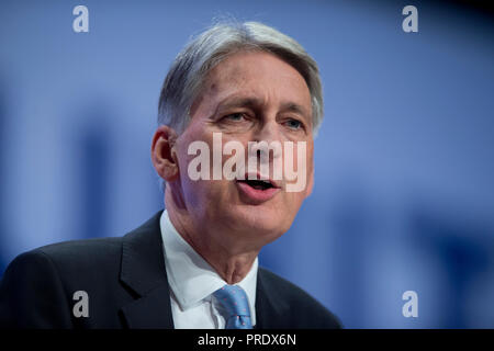 Birmingham, UK. 1st October 2018. Philip Hammond, Chancellor of the Exchequer and Conservative MP for Runnymede and Weybridge, speaks at the Conservative Party Conference in Birmingham. © Russell Hart/Alamy Live News. Stock Photo