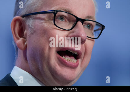 Birmingham, UK. 1st October 2018. Michael Gove, Secretary of State for Environment, Food and Rural Affairs and Conservative MP for Surrey Heath, speaks at the Conservative Party Conference in Birmingham. © Russell Hart/Alamy Live News. Stock Photo