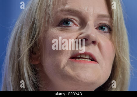 Birmingham, UK. 1st October 2018. Liz Truss, Chief Secretary to the Treasury and Conservative MP for South West Norfolk, speaks at the Conservative Party Conference in Birmingham. © Russell Hart/Alamy Live News. Stock Photo