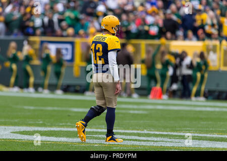 Green Bay, WI, USA. 30th Sep, 2018. Green Bay Packers quarterback Aaron Rodgers #12 during the NFL Football game between the Buffalo Bills and the Green Bay Packers at Lambeau Field in Green Bay, WI. Green Bay defeated Buffalo 22-0. John Fisher/CSM/Alamy Live News Stock Photo