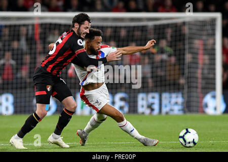 Bournemouth, UK. 1st Oct 2018. Andros Townsend of Crystal Palace and Adam Smith of AFC Bournemouth battle  - AFC Bournemouth v Crystal Palace, Premier League, Vitality Stadium, Bournemouth - 1st October 2018  STRICTLY EDITORIAL USE ONLY - DataCo rules apply - No use with unauthorised audio, video, data, fixture lists, club/league logos or 'live' services. Online in-match use limited to 75 images, no video emulation. No use in betting, games or single club/league/player publications. Credit: Richard Calver/Alamy Live News Stock Photo