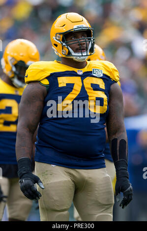 Green Bay, WI, USA. 30th Sep, 2018. Green Bay Packers defensive tackle Mike Daniels #76 during the NFL Football game between the Buffalo Bills and the Green Bay Packers at Lambeau Field in Green Bay, WI. Green Bay defeated Buffalo 22-0. John Fisher/CSM/Alamy Live News Stock Photo