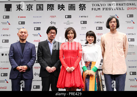 (L-R) Japanese anime director Masaaki Yuasa, film director Junji Sakamoto, actress Mayu Matsuoka, actress Yukino Kishii and film director Rikiya Imaizumi attend a press conference for the 31st Tokyo International Film Festival (TIFF) at Toranomon Hills on September 25, 2018, Tokyo, Japan. Organisers announced the full lineup of films and special events for the festival. Credit: 2018 TIFF/AFLO/Alamy Live News Stock Photo