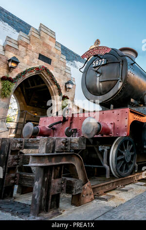 ORLANDO, FLORIDA, USA - DECEMBER, 2017: The Wizarding World of Harry Potter - The Hogwarts Express Train Station and Platform, Universal Studios Flori Stock Photo