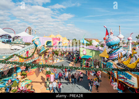 ORLANDO, FLORIDA, USA - DECEMBER, 2017: Aerial colorful view of the theme park Universal Studios Orlando Florida at Christmas time Stock Photo