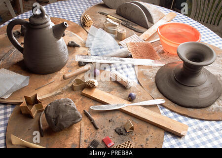 STILL LIFE OF VARIOUS TOOLS AND MATERIALS USED IN POTTERY MAKING 