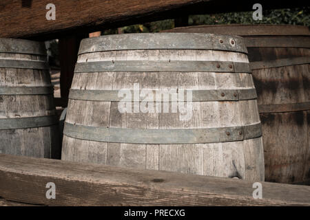 old wooden barrel, vintage wine barrel antique Stock Photo