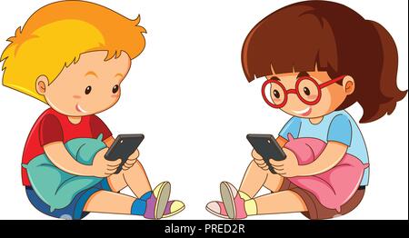 Young boy and girl play games and listen to music on their mobile phones  7468481 Stock Photo at Vecteezy