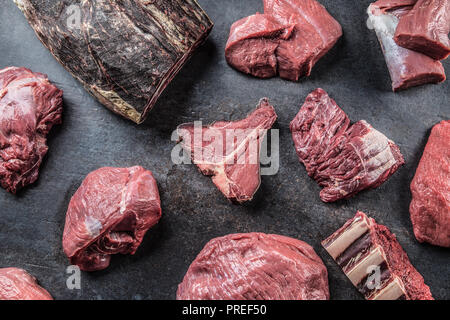 Top of view assortment Raw beef meat on a butcher shop. Stock Photo