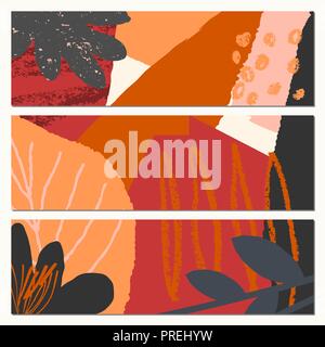 Abstract autumn banner design. Three banners with abstract shapes and autumn leaves in orange, yellow, pink, red and brown. Stock Vector