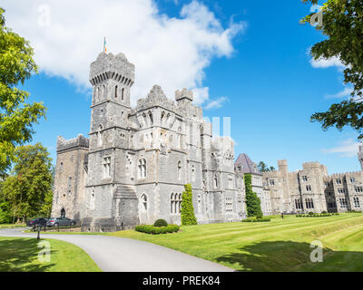Ashford Castle is a medieval and Victorian castle that has been turned into a five-star luxury hotel near Cong in County Galway, Ireland. Stock Photo