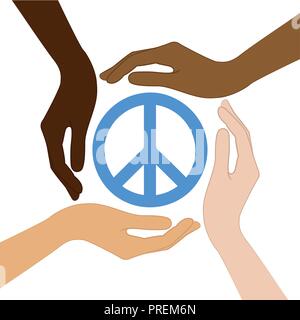 peace symbol in the middle of human hands different skin colors vector illustration EPS10 Stock Vector