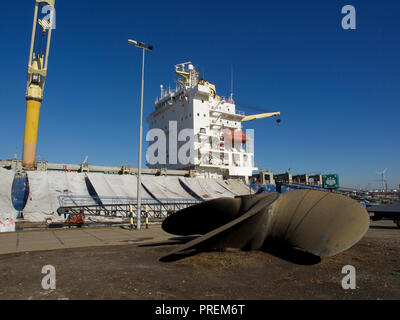 Cargo ship in dry dock for maintenance with large propeller in the foreground, port of Antwerp, Belgium Stock Photo