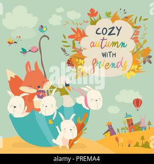 Happy animals sitting in umbrella in autumn park Stock Vector